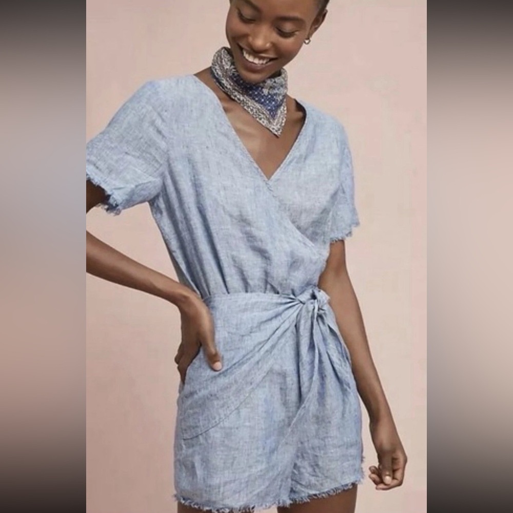 🆕 Sanctuary X Anthropologie Montana Linen Tie Front Short Romper Size Medium